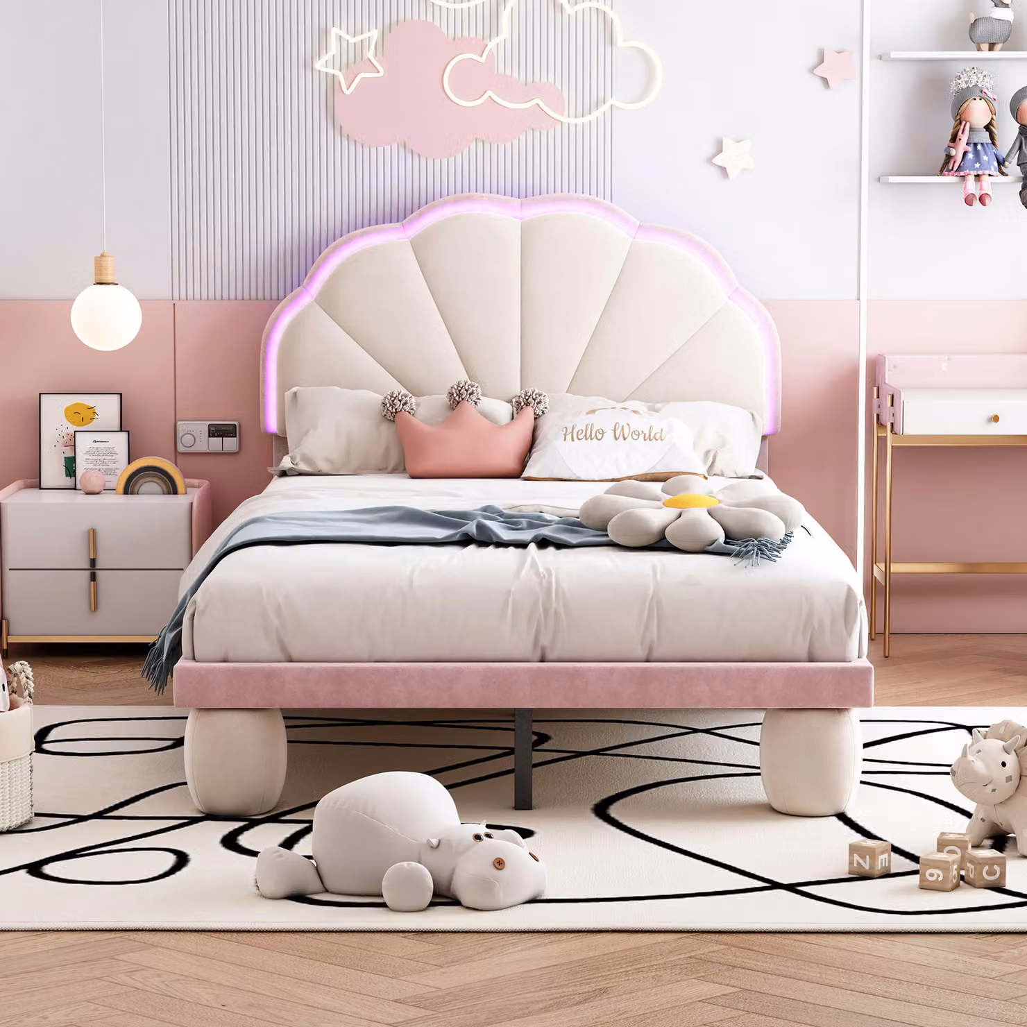 MODFU letto imbottito per bambini 90×200 cm con luce LED, letto per ragazzi letto singolo con testata smerlata (con materasso), velluto, beige+rosa