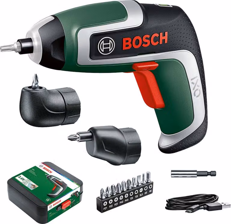 Avvitatore compatto a batteria Bosch IXO (7a generazione, 3,6 V/2,0 Ah, 5,5 Nm, incl. adattatore per avvitatore ad angolo retto e adattatore per avvitatore a taglio, cavo microUSB, valigetta)