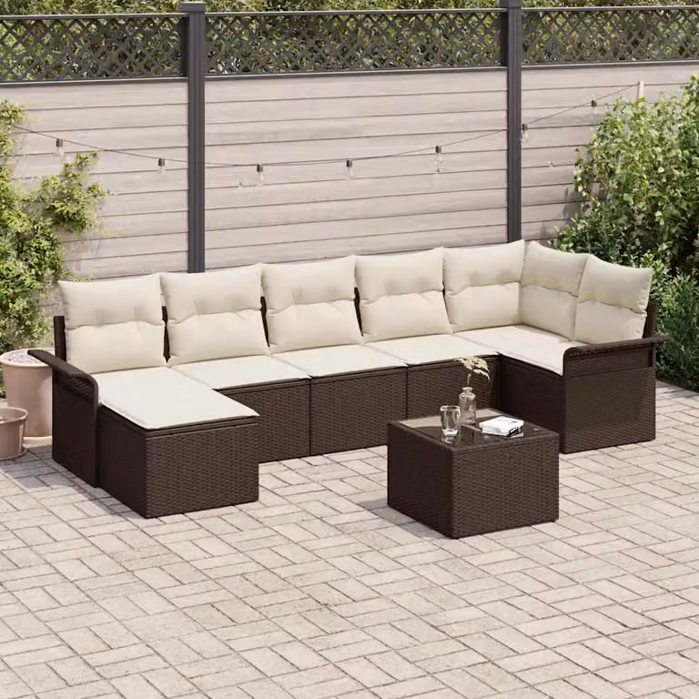 Set Divano da Giardino vidaXL 8 Pezzi in Rattan Marrone con Cuscini e Tavolino da Esterno