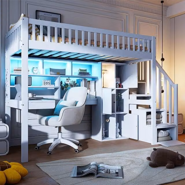 Letto mezzanino 90x200cm - Xylo - bianco, LED, scrivania, cassetti EN747