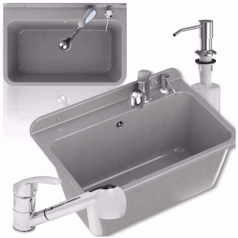 Granitan - Lavabo - Lavello - 61x41x30 cm - Grigio - con rubinetto HAND e sifone - Lavello - LARGE