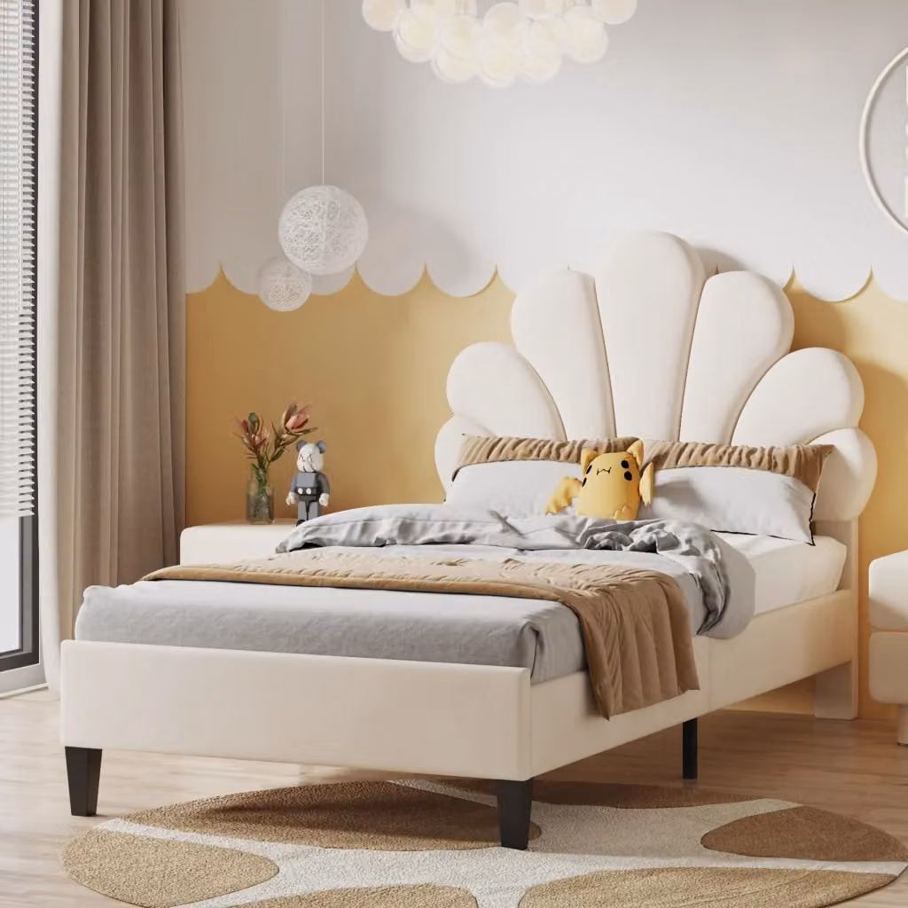 Letto Singolo Chicfurn con Testiera a Fiore in Velluto Beige L/P/H: 90 x 200 x 110,5 cm – 2