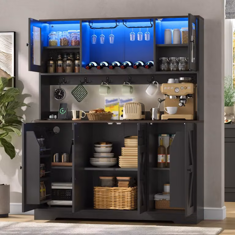 Mobiletto da cucina con ante, dispensa con illuminazione a LED e prese di corrente, dotato di scaffali per bottiglie di vino e portabicchieri, dimensioni 140x40x173 cm, colore nero