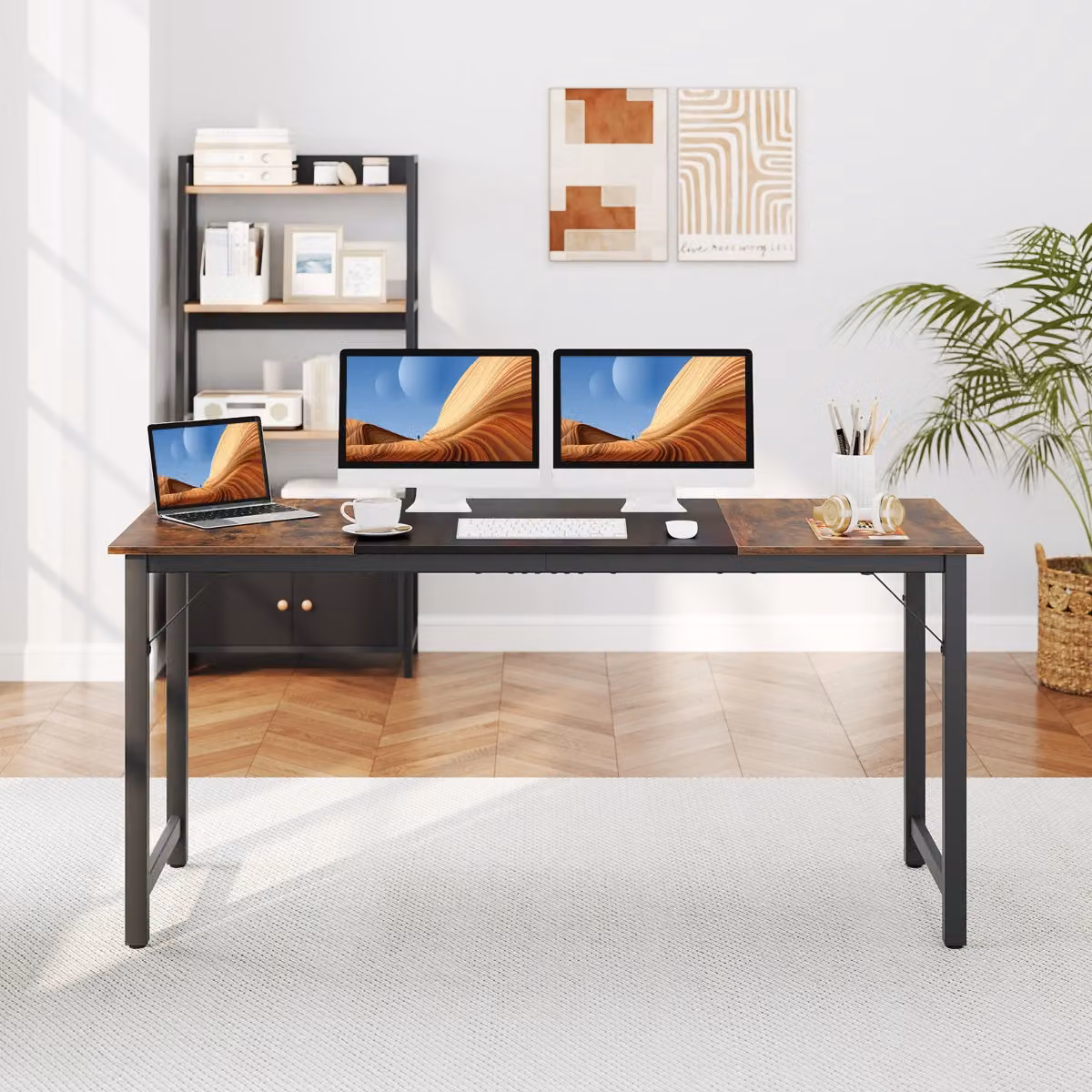 Scrivania da ufficio industriale Costway in legno e metallo marrone con struttura a X per home office e sala conferenze