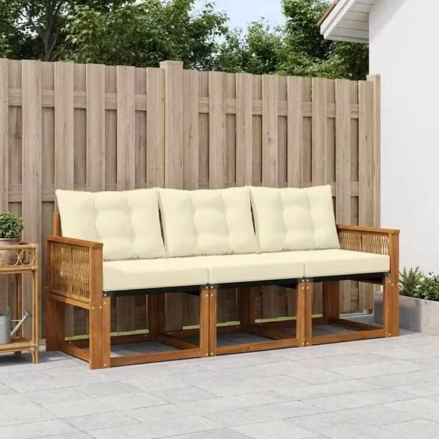 Set di divani da esterno 3 pezzi vidaXL in legno di acacia e textilene, colore beige e bianco con cuscini inclusi