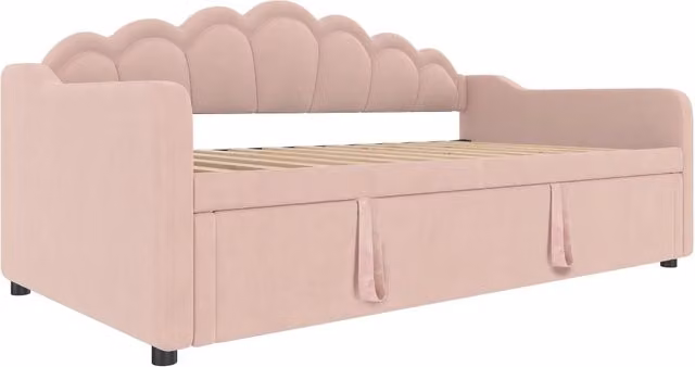 Letto a divanetto estraibile in velluto rosa con illuminazione LED sottostante e contenitore, L/P/H: 90 x 200 cm