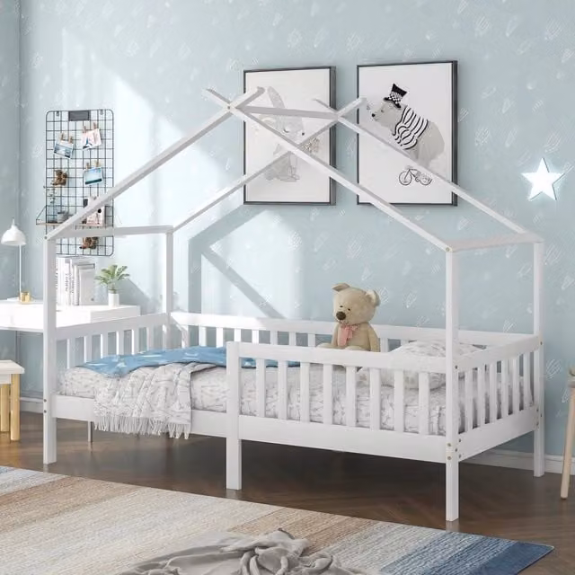 Letto per bambini moderno in legno di pino con cassetti, bianco e naturale, L/P/H: 200 x 90 x 183 cm