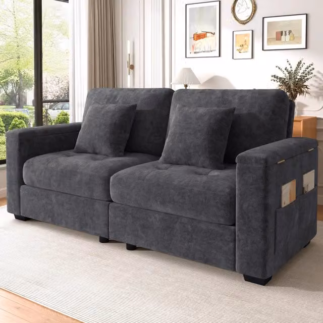 Divano a 2 posti MIVRAY moderno in velluto grigio con cuscini inclusi e struttura in legno massiccio L: 152,8 cm, P: 76 cm, H: 84 cm