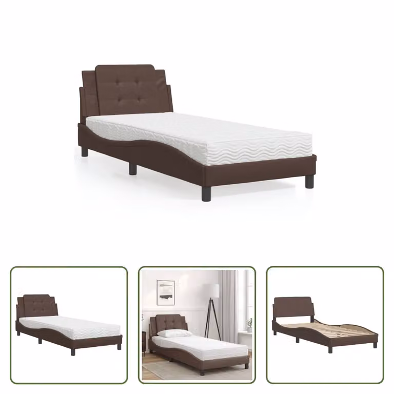 The Living Store Letto con materasso marrone 80x200 cm in ecopelle