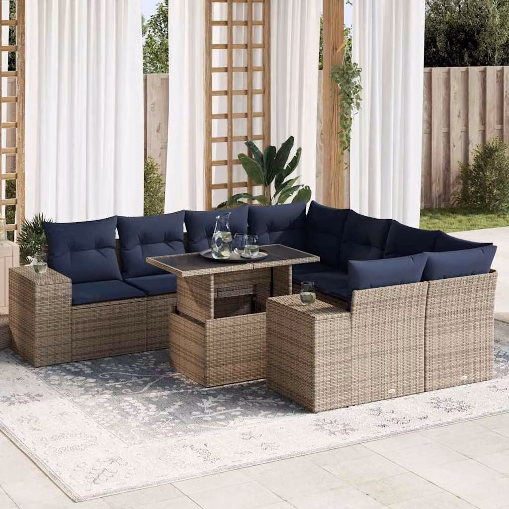 Set Divano da Giardino vidaXL 9 Pezzi a Forma di L con Cuscini e Tavolino, Polyrattan e Metallo, Grigio e Blu