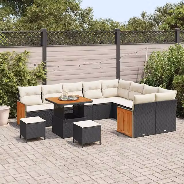 vidaXL Set Divano da Giardino Moderno a Forma di L con Cuscini e Tavolino, 12 Pezzi, Nero e Beige – 1