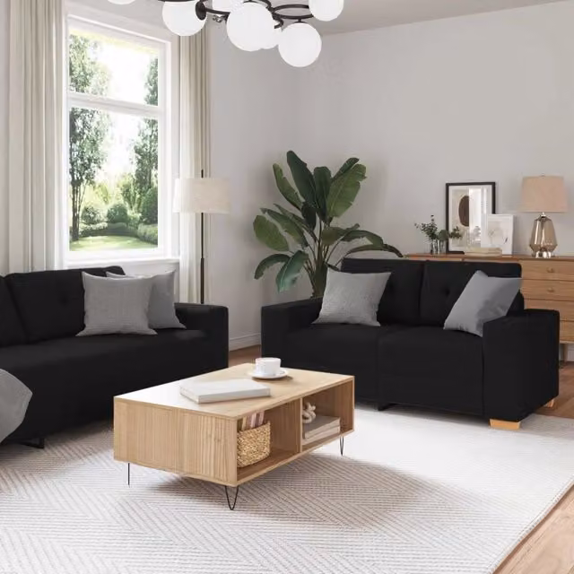 Set di divani moderno vidaXL composto da divano a 3 posti, divano a 2 posti e poltrona, colore nero, con tessuto e cuscini inclusi