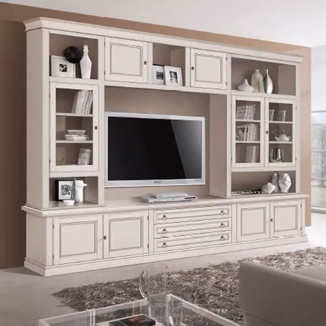 Parete attrezzata in legno di pino stile shabby chic bianco opaco Mobili 2G L: 286 cm, P: 50 cm, H: 227 cm