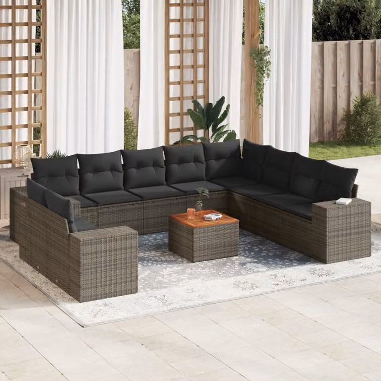 Set di divani da giardino vidaXL 11 pz in polyrattan grigio con cuscini e tavolino da esterno a forma di L