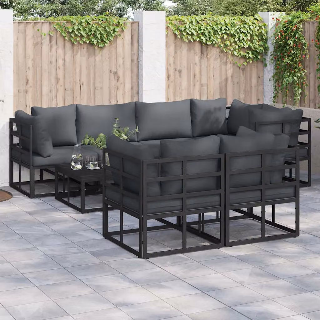Set Divano da Giardino a L vidaXL 7 pz in Alluminio Nero con Cuscini – 1