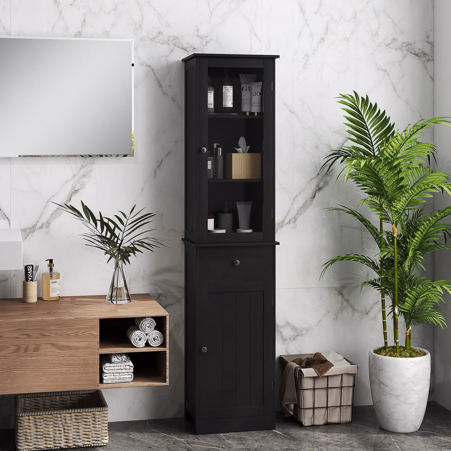 Mobile Colonna Bagno Salvaspazio kleankin con Armadietto, Cassetto e Ripiani in MDF, Nero, L/P/H: 40 x 27 x 171.5 cm – 2