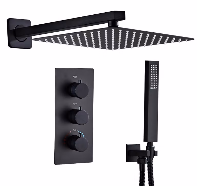 Set doccia da incasso con termostato, colore nero opaco, dimensioni 40x40 cm, soffione a pioggia