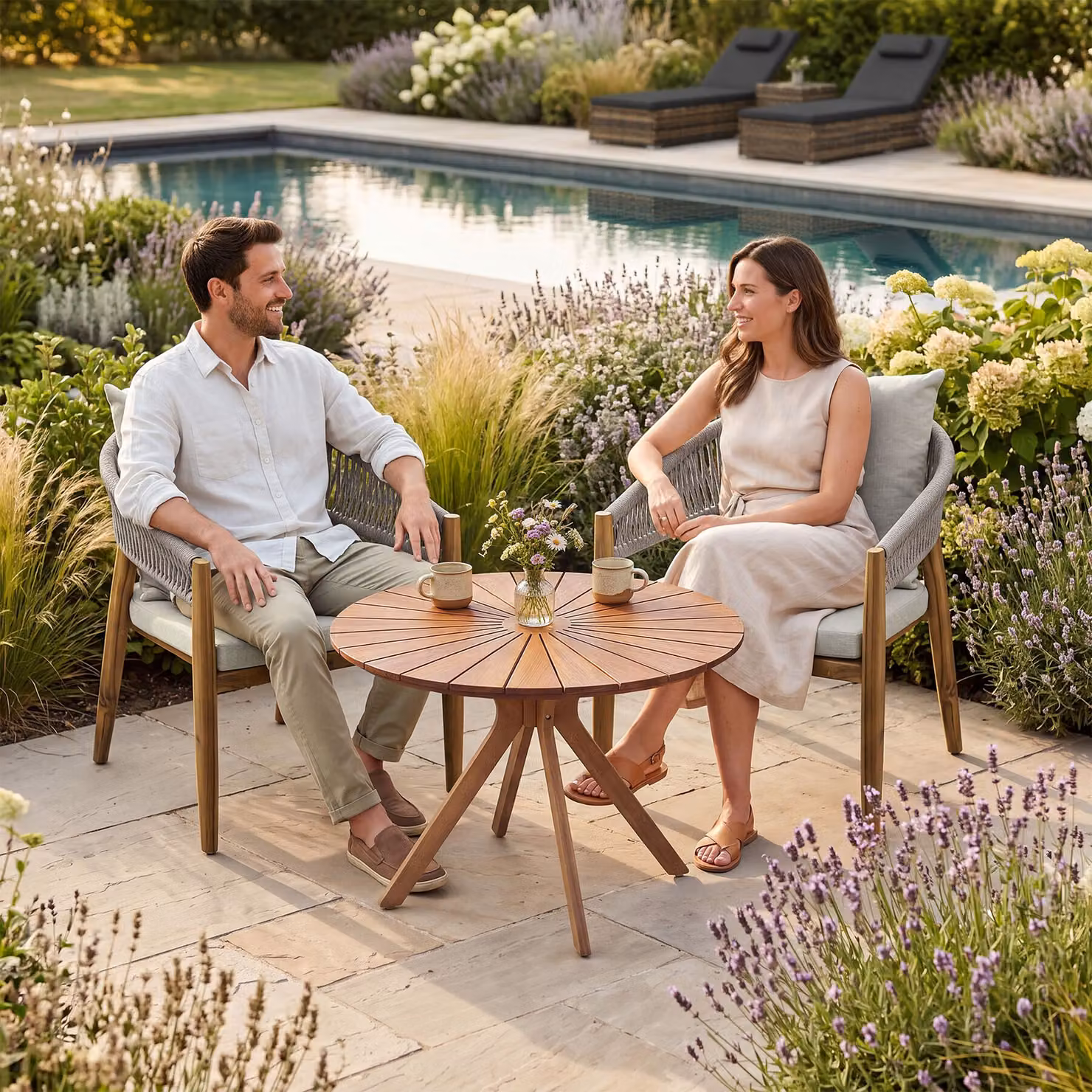 Set da giardino TecTake composto da tavolo rotondo e 2 sedie in legno di acacia beige resistente alle intemperie – 2