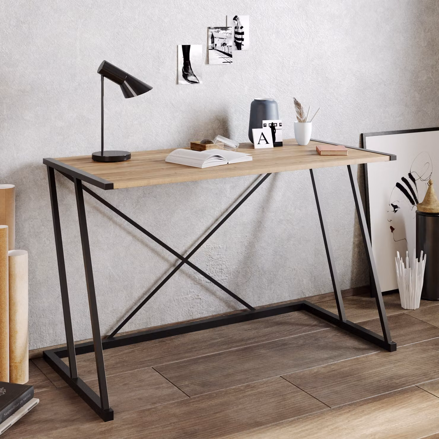 Skye Decor, Anemon - Noce, Nero, Scrivania, Noce, 100% PANNELLI DI PARTICELLE RIVESTITI IN MELAMMINA, 120 x 60 x 75 cm
