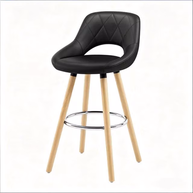 Sgabello da bar moderno con schienale ergonomico in similpelle e legno massello nero H: 91 cm, L: 43 cm, P: 43 cm