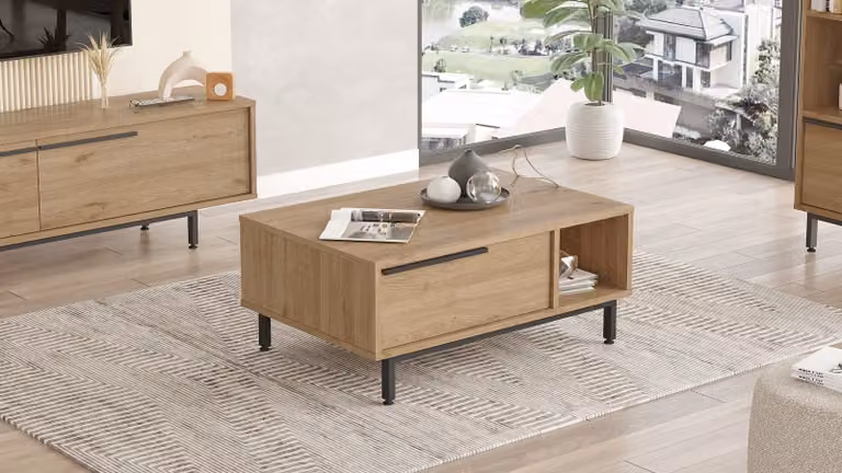 Skye Decor, tavolino di alta qualità, noce, 90 x 37,6 x 60 cm | Pannello truciolare rivestito al 100% in melamina, spessore 18 mm | Gambe in metallo, stile moderno e industriale, elegante e funzionale.