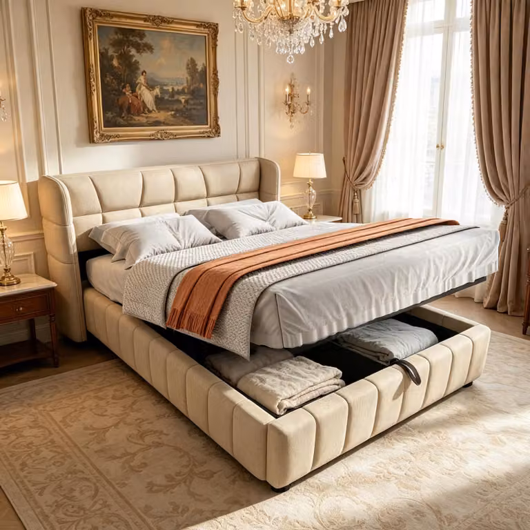 Letto imbottito LVHOM 140x200 cm con spazio contenitore idraulico, letto con testiera imbottita, letto matrimoniale in tessuto di lino, ideale per camerette, color beige