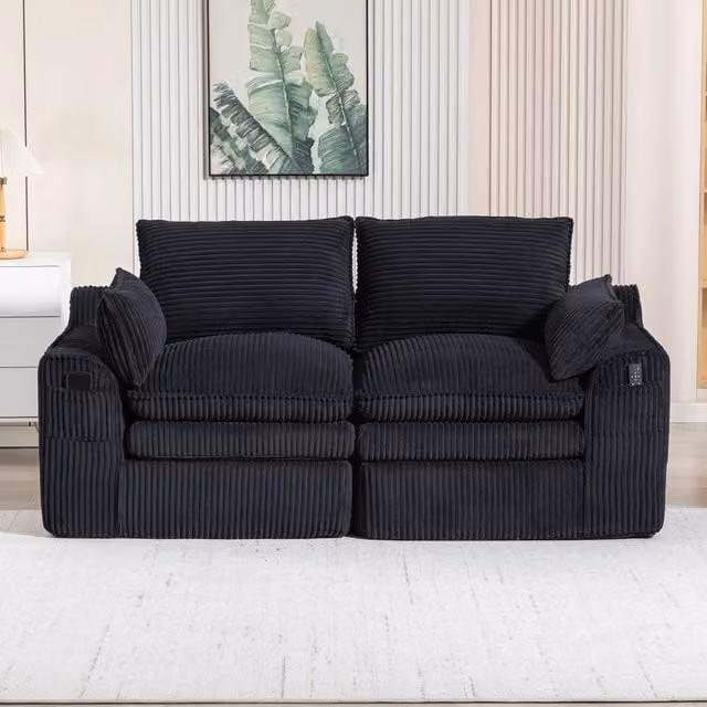 Divano a 2 posti MIVRAY in velluto a coste nero con cuscini inclusi H: 85 cm, L: 191 cm, P: 94 cm