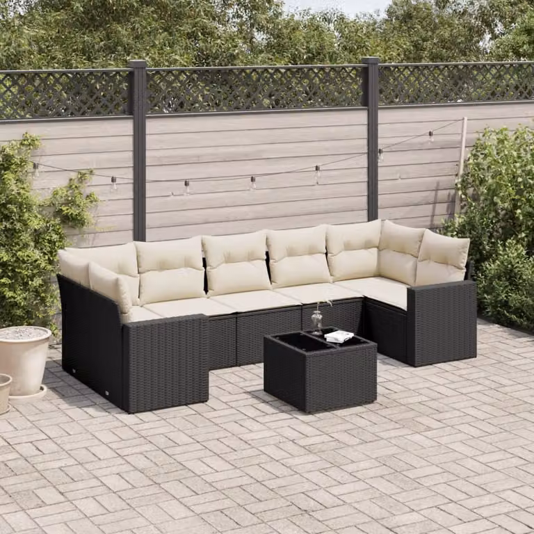 Set di divani da giardino vidaXL a forma di L in polyrattan nero con 8 pezzi e cuscini inclusi
