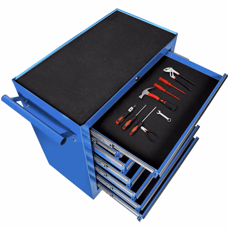 Carrello portautensili tectake con 7 cassetti chiudibili, ruote e piano di lavoro, blu