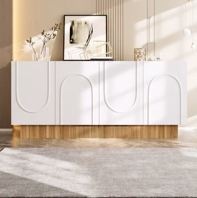 Sideboard moderno a 4 ante con struttura a rilievo U; 160x75x38 cm; bianco e legno