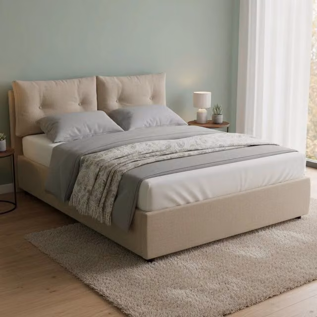 Letto Matrimoniale Hanoi Talamo Italia con Contenitore a Sollevamento, Rivestimento in Tessuto e Faux Leather, L/P: 160 x 200 cm, Grigio o Beige