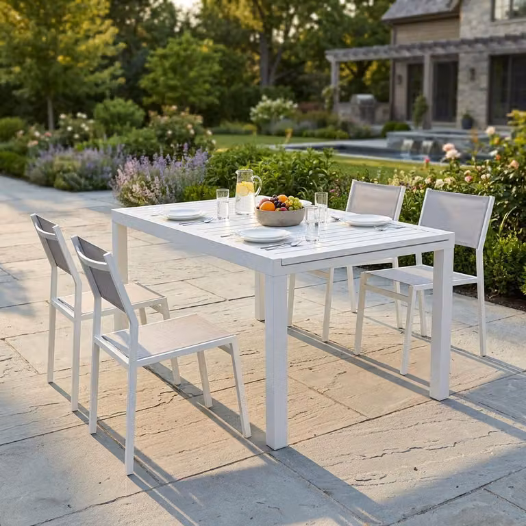 Milani Home - Set Tavolo Giardino Rettangolare Allungabile 160/240x90 Con 4 Sedie In Alluminio Bianco E Textilene Da Esterno - Bianco