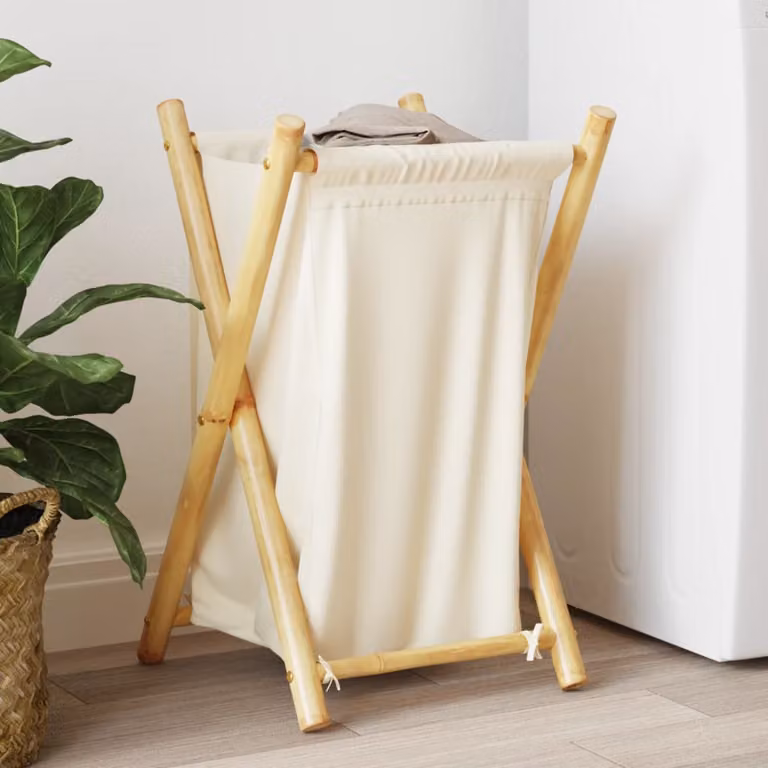 Cesto per biancheria pieghevole Outsunny in bambù e cotone, bianco, marrone, beige, L/P/H: 41,5 x 36 x 63,5 cm