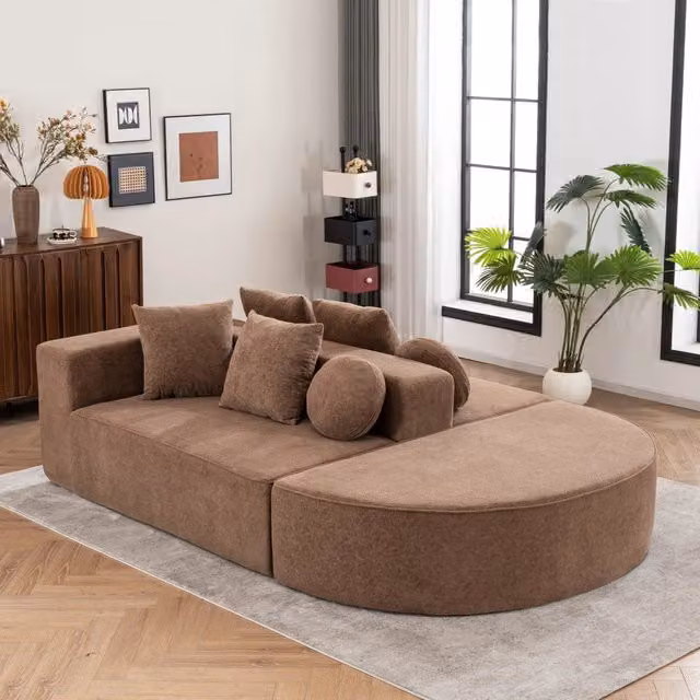 Divano letto modulare MIVRAY in velluto marrone con funzione letto e cuscini inclusi