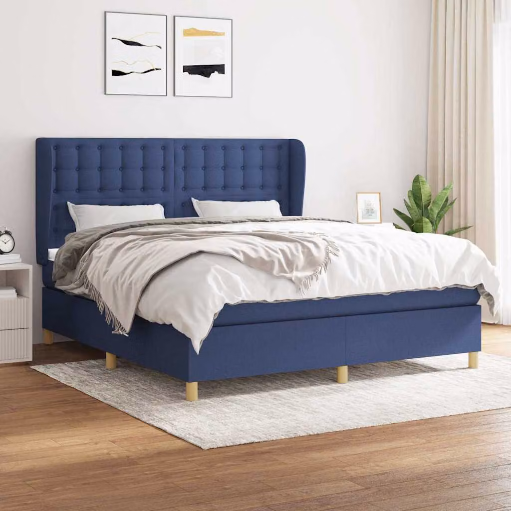 vidaXL Giroletto a Molle con Materasso Blu e Bianco in Tessuto, L/P: 180 x 200 cm – 1