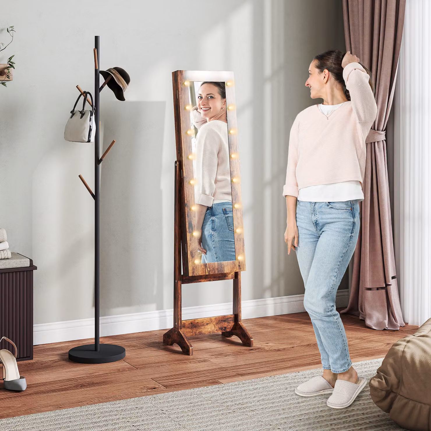 Armadietto Portagioie HOMCOM con Specchio e Luci LED, Marrone Rustico, L/P/H: 30 x 36 x 136 cm – 2