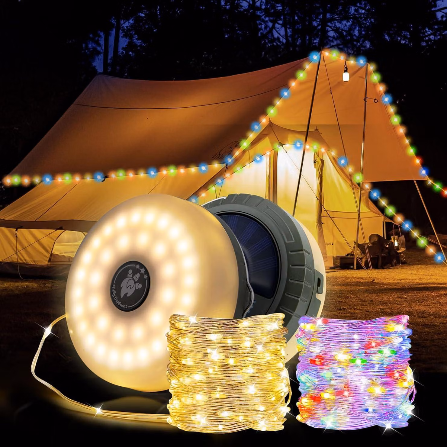 Catena luminosa per campeggio, 10 metri - Alimentazione a energia solare - Impermeabile - 5 modalità di illuminazione - Luce calda - Ideale per Natale