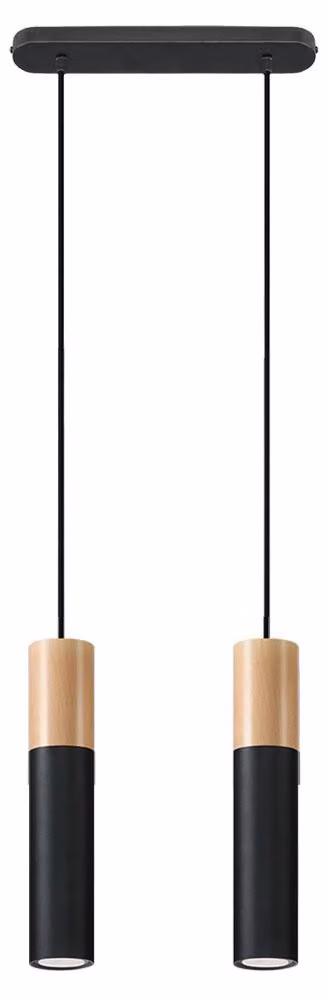 Lampada a sospensione, nera, acciaio, legno, a due luci, L 34 cm