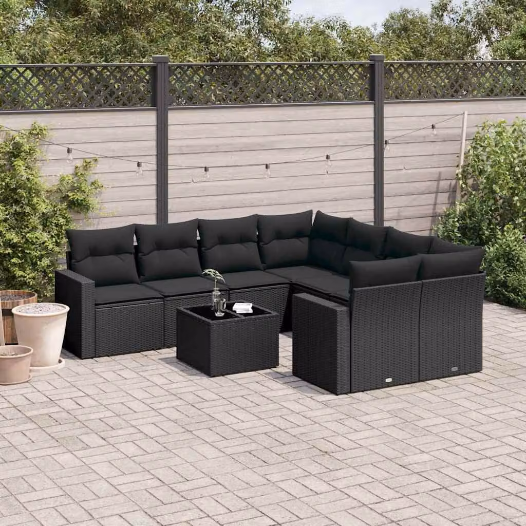 Set di divani da giardino vidaXL in polyrattan nero con 9 pezzi e cuscini inclusi – 1
