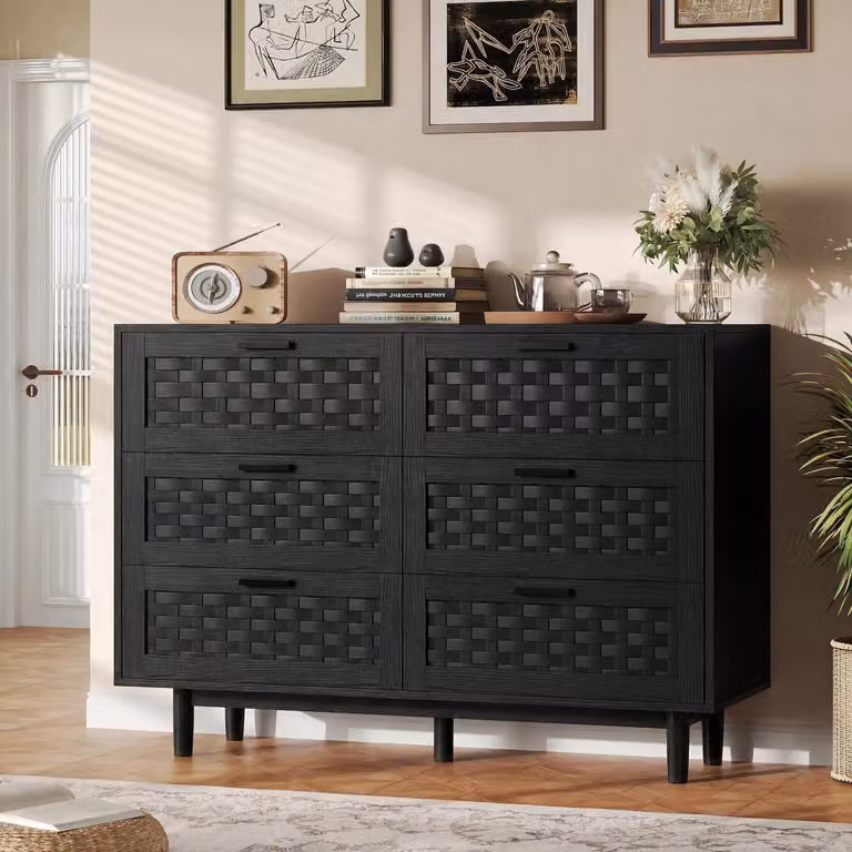 Comodino con 6 cassetti, aspetto rattan, dimensioni 80x40x115 cm, colore nero