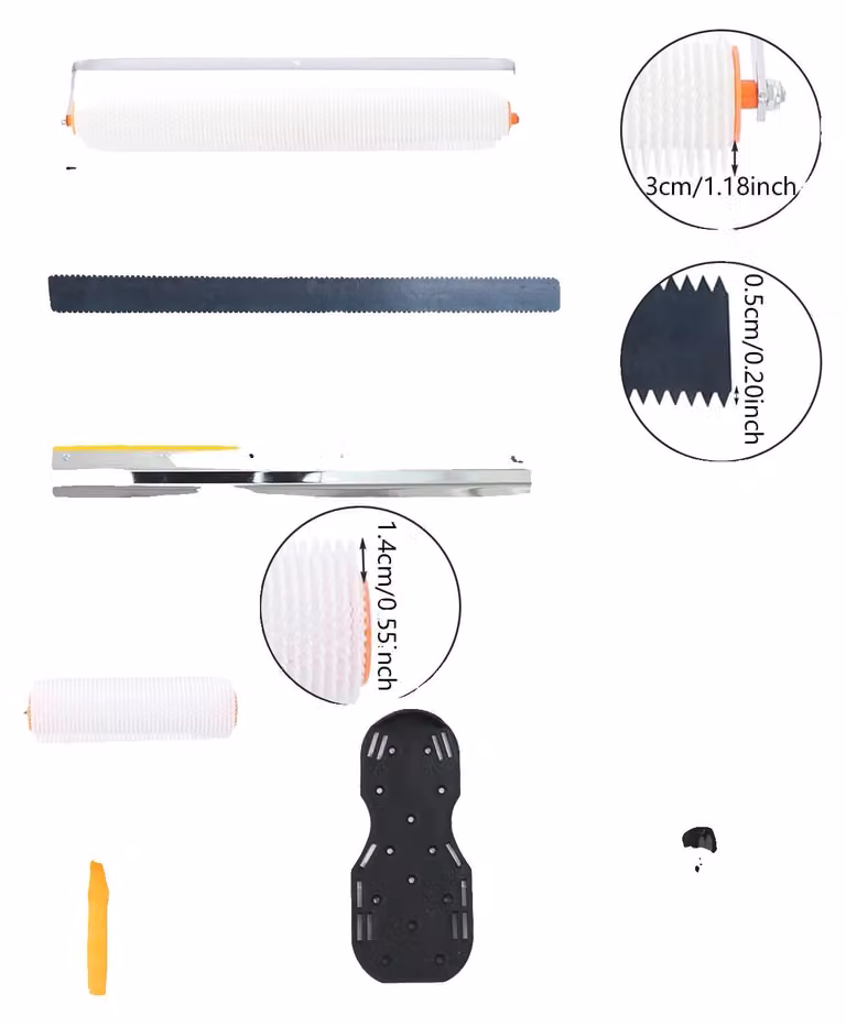 Set di strumenti per l'autolivellamento del cemento, composto da: 2 rulli per la rimozione delle bolle d'aria, scarpe con punte, guanti, spatole dentate, design leggero