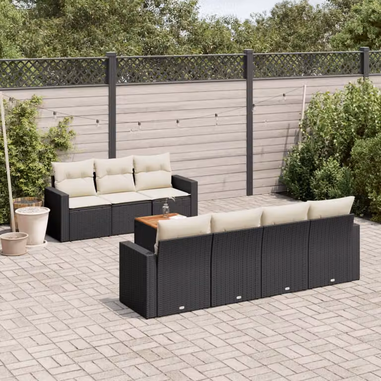 vidaXL Set Divani da Giardino in Polyrattan con Cuscini e Tavolino, 8 Pezzi, Nero e Bianco