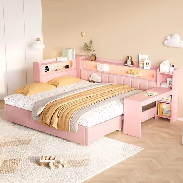 Letto imbottito rosa 90x200 con letto estraibile fino a 180x200; LED e scrivania