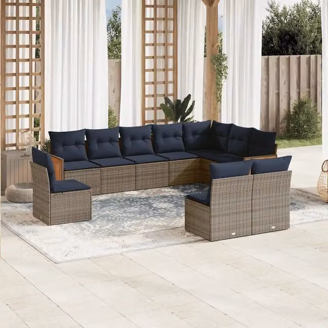 Set Divani da Giardino 10 pz con Cuscini Grigio in Polyrattan 3227755