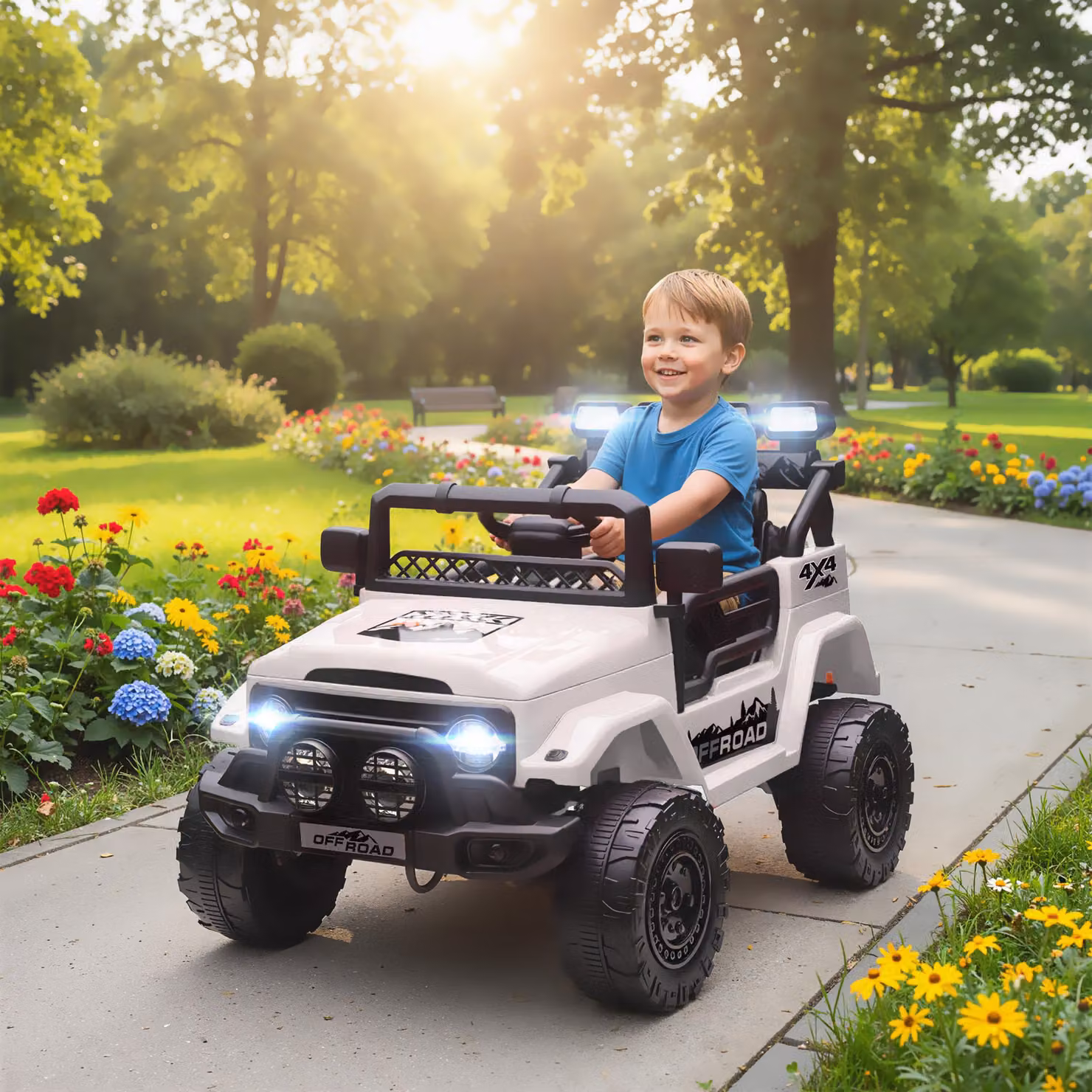 AIYAPLAY Macchina Elettrica Fuoristrada per Bambini con Telecomando, Fanali e Clacson, Bianco, L: 99 cm, P: 66 cm, H: 68.5 cm – 2