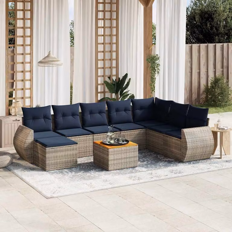 Set di divani da giardino vidaXL in polyrattan grigio con cuscini e tavolino da esterno a forma di L