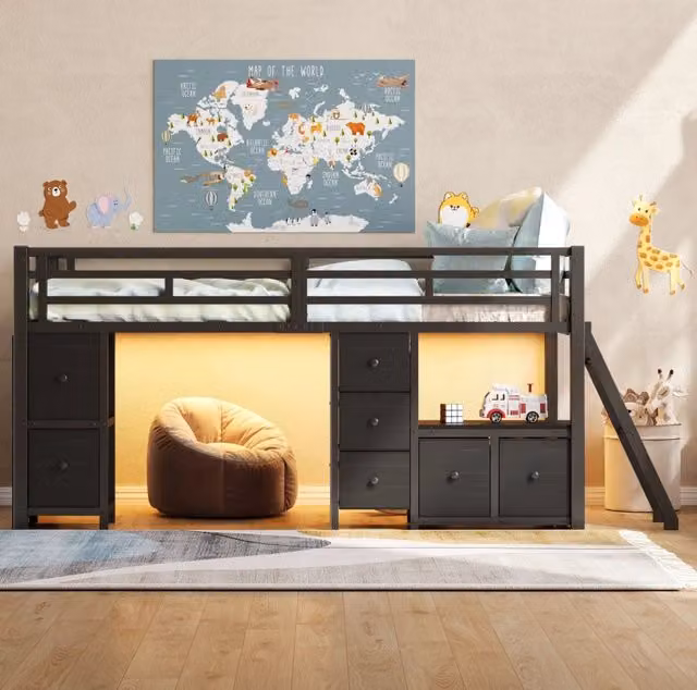 Letto a soppalco basso 208x98x104.5 cm con sponde di sicurezza; LED; metallo; nero