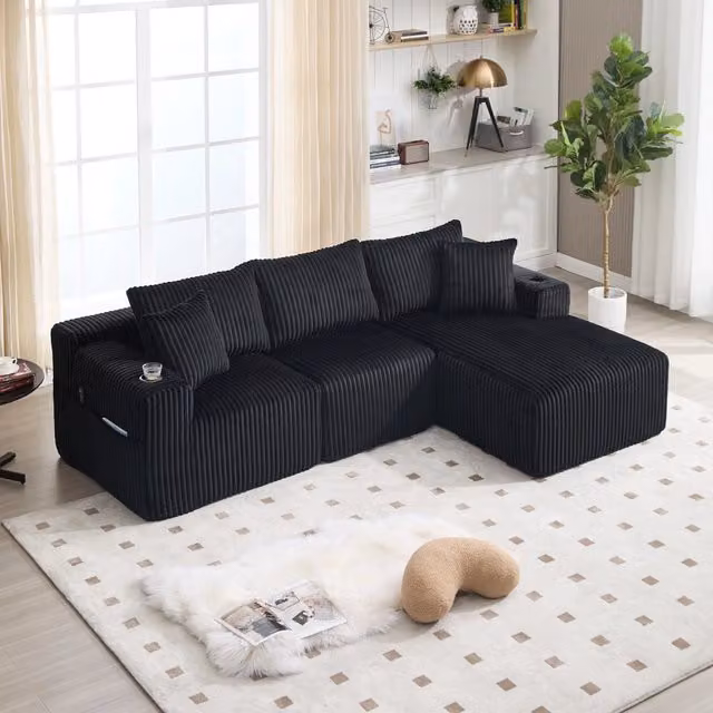 Divano modulare con chaise longue e 2 posti con 5 cuscini, tasche laterali e portabicchieri in velluto nero