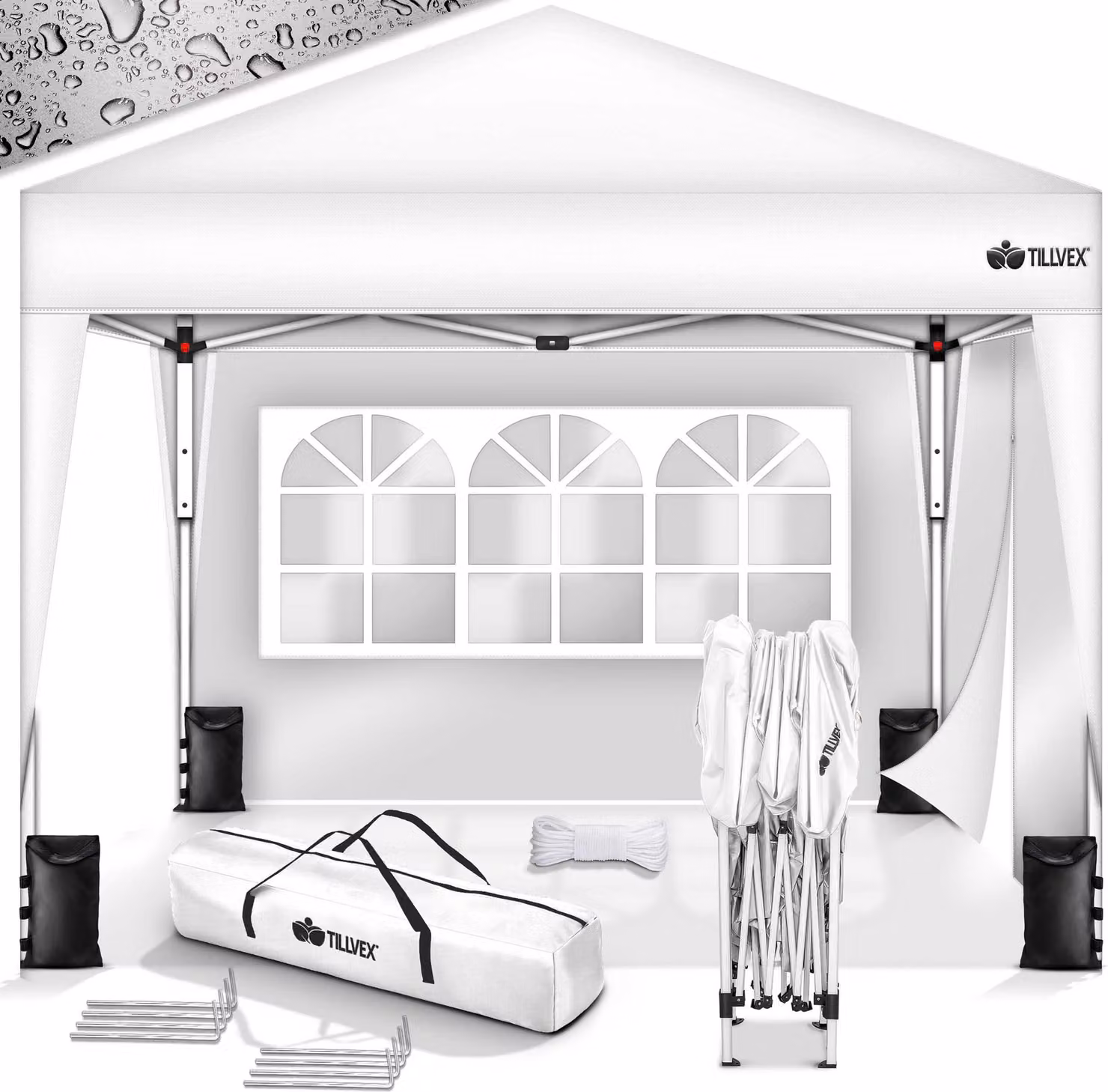 gazebo tillvex 3x3m bianco impermeabile con 2 pannelli laterali + set di 4 sacchi di sabbia | gazebo pop-up pieghevole stabile e regolabile in altezza | tenda da giardino protezione UV 50+ | tenda da festa con borsa per giardino