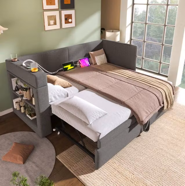 Daybed imbottito moderno in tessuto grigio con letto estraibile, porte di ricarica USB e Type-C e scomparti laterali, L/P/H: 217 x 90 x 74 cm